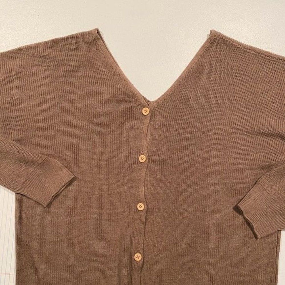 Pink Rose Sweater Button Double V Neck Bracelet Sleeves Mocha Bisque Stretches L